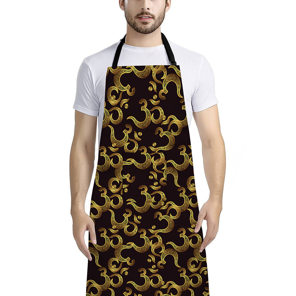 Gold Om Symbol Pattern Print Bib Apron With Pocket