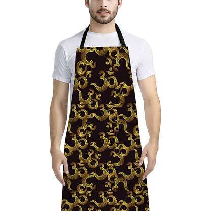 Gold Om Symbol Pattern Print Bib Apron With Pocket
