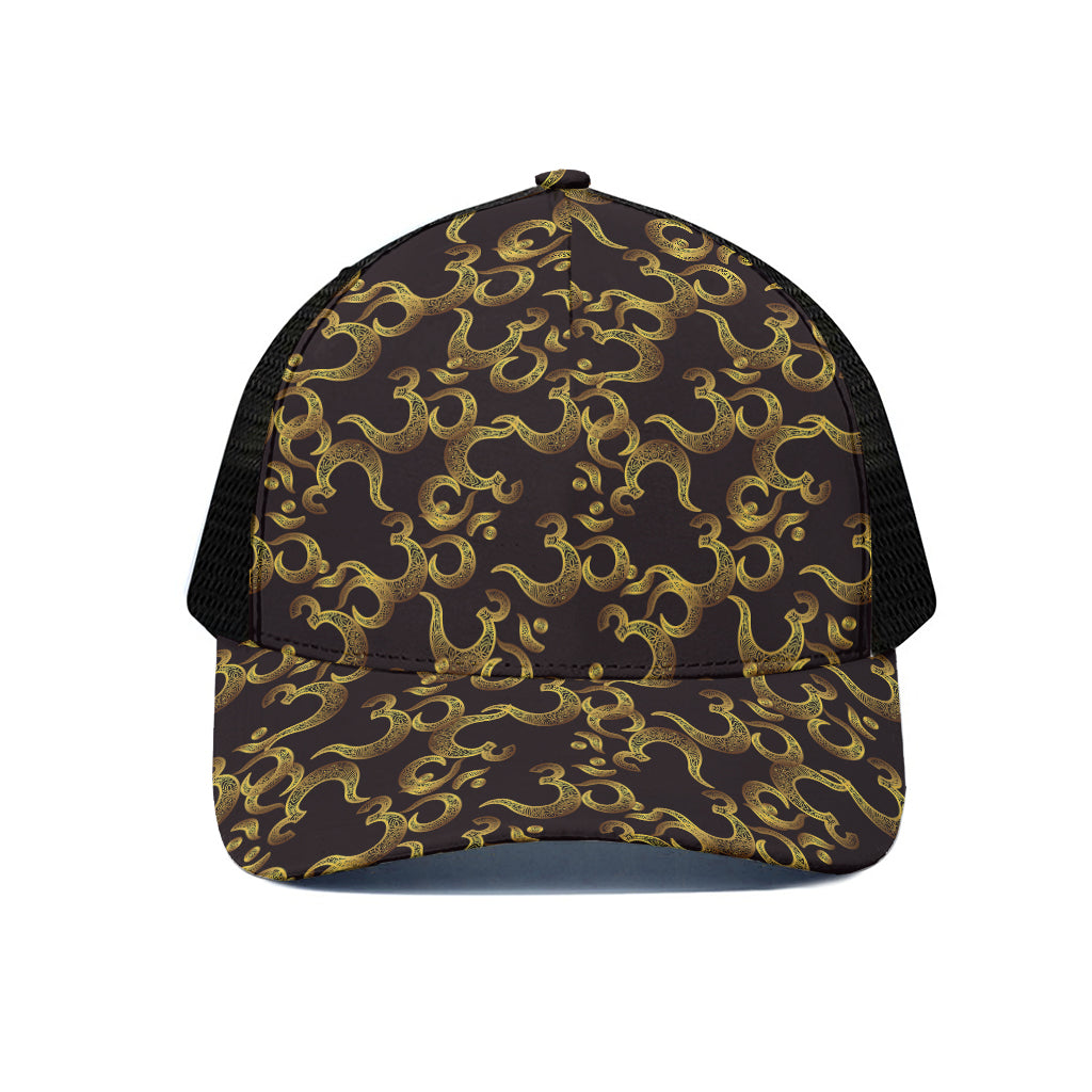 Gold Om Symbol Pattern Print Black Mesh Trucker Cap