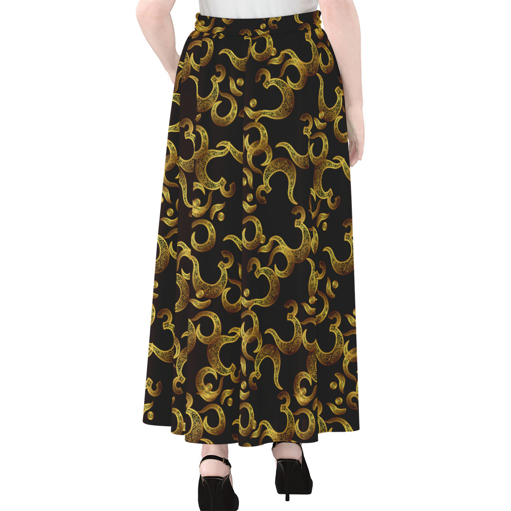 Gold Om Symbol Pattern Print Chiffon Maxi Skirt