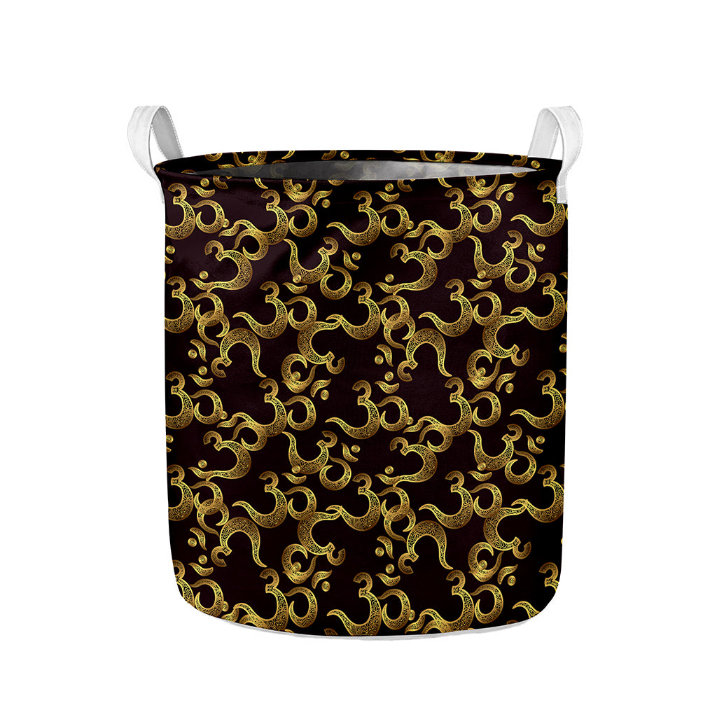 Gold Om Symbol Pattern Print Collapsible Laundry Basket