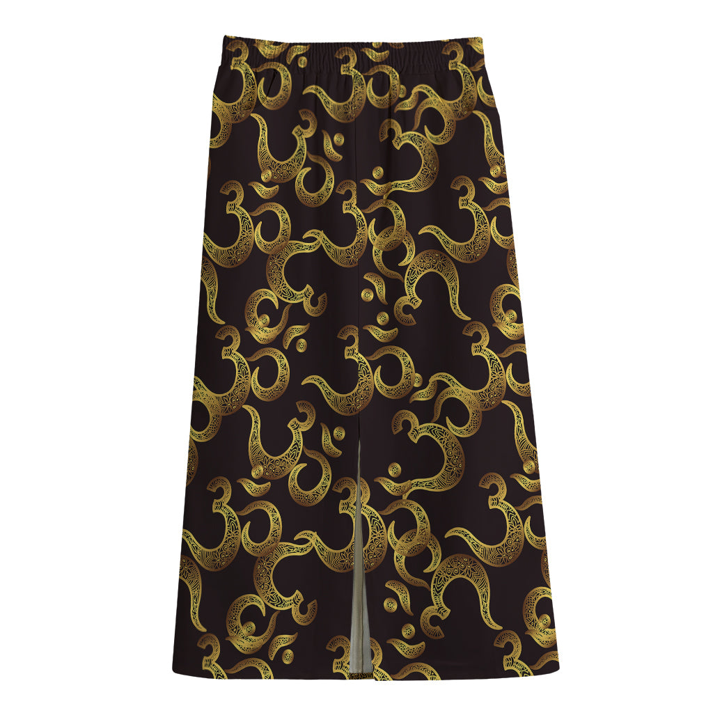 Gold Om Symbol Pattern Print Cotton Front Slit Maxi Skirt