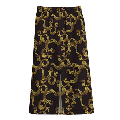 Gold Om Symbol Pattern Print Cotton Front Slit Maxi Skirt