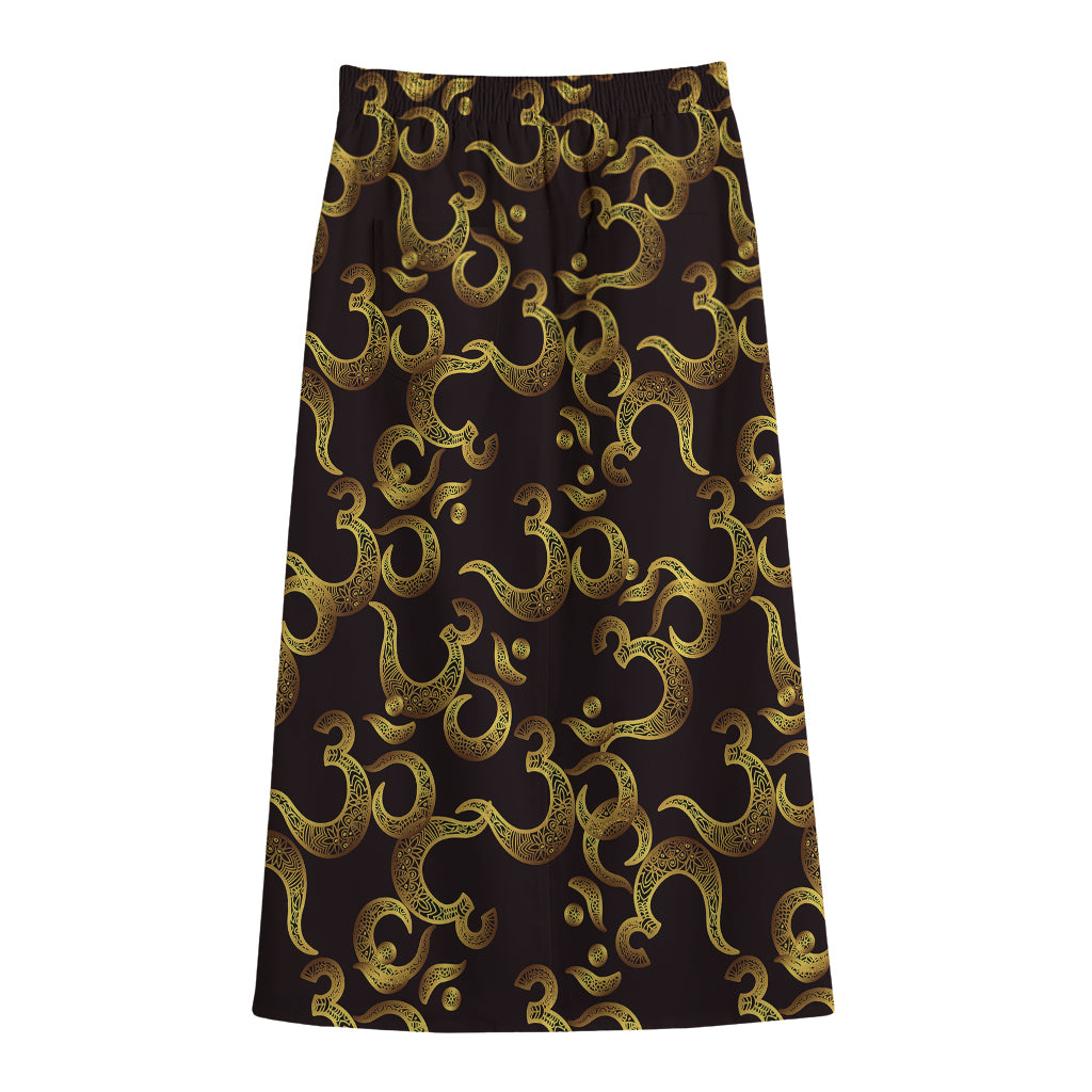 Gold Om Symbol Pattern Print Cotton Front Slit Maxi Skirt
