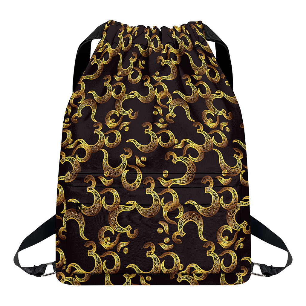Gold Om Symbol Pattern Print Drawstring Backpack