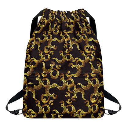 Gold Om Symbol Pattern Print Drawstring Backpack