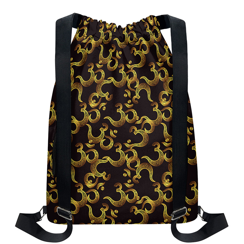 Gold Om Symbol Pattern Print Drawstring Backpack