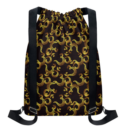Gold Om Symbol Pattern Print Drawstring Backpack