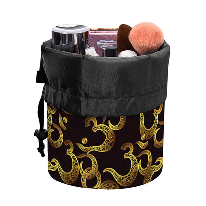 Gold Om Symbol Pattern Print Drawstring Makeup Bag
