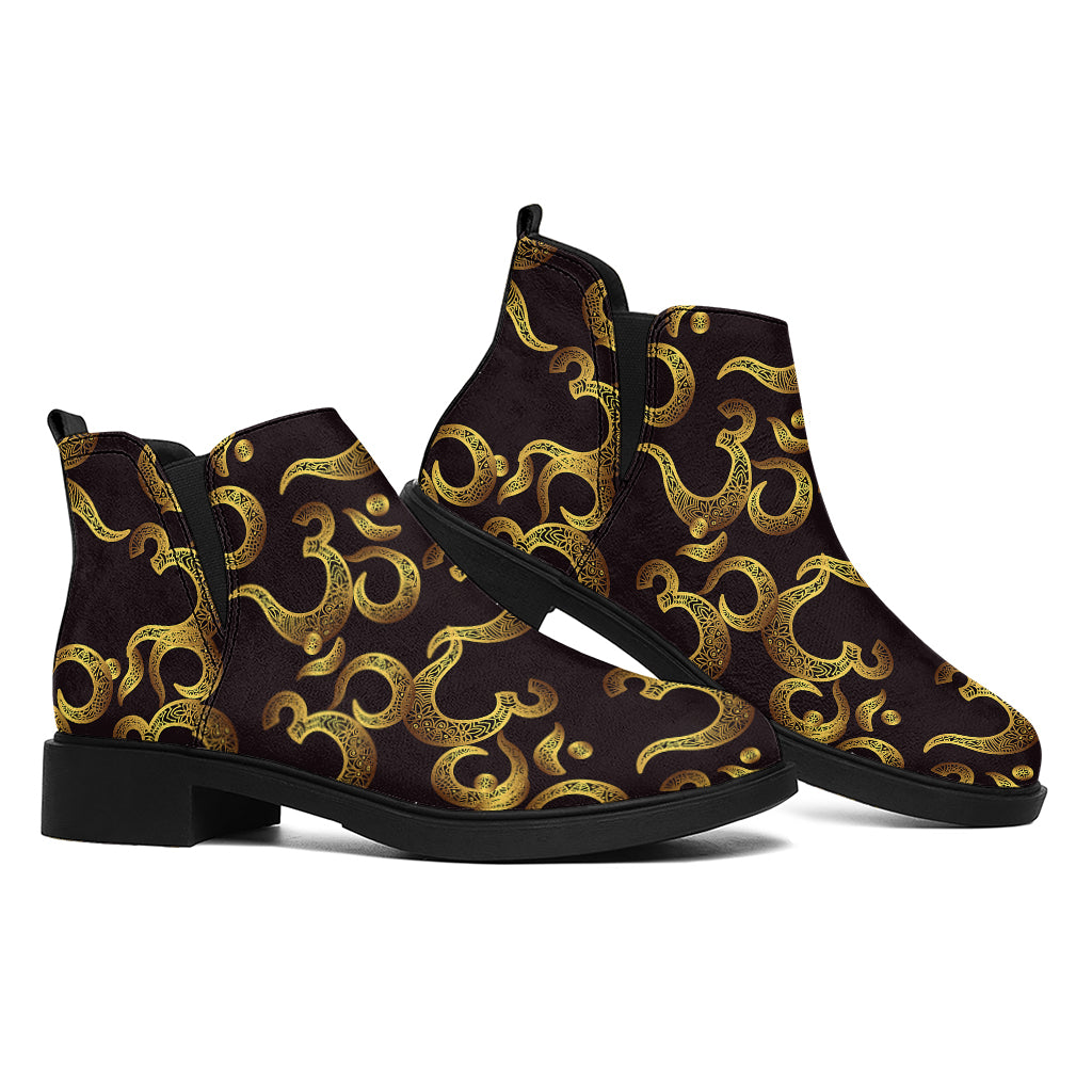 Gold Om Symbol Pattern Print Flat Ankle Boots