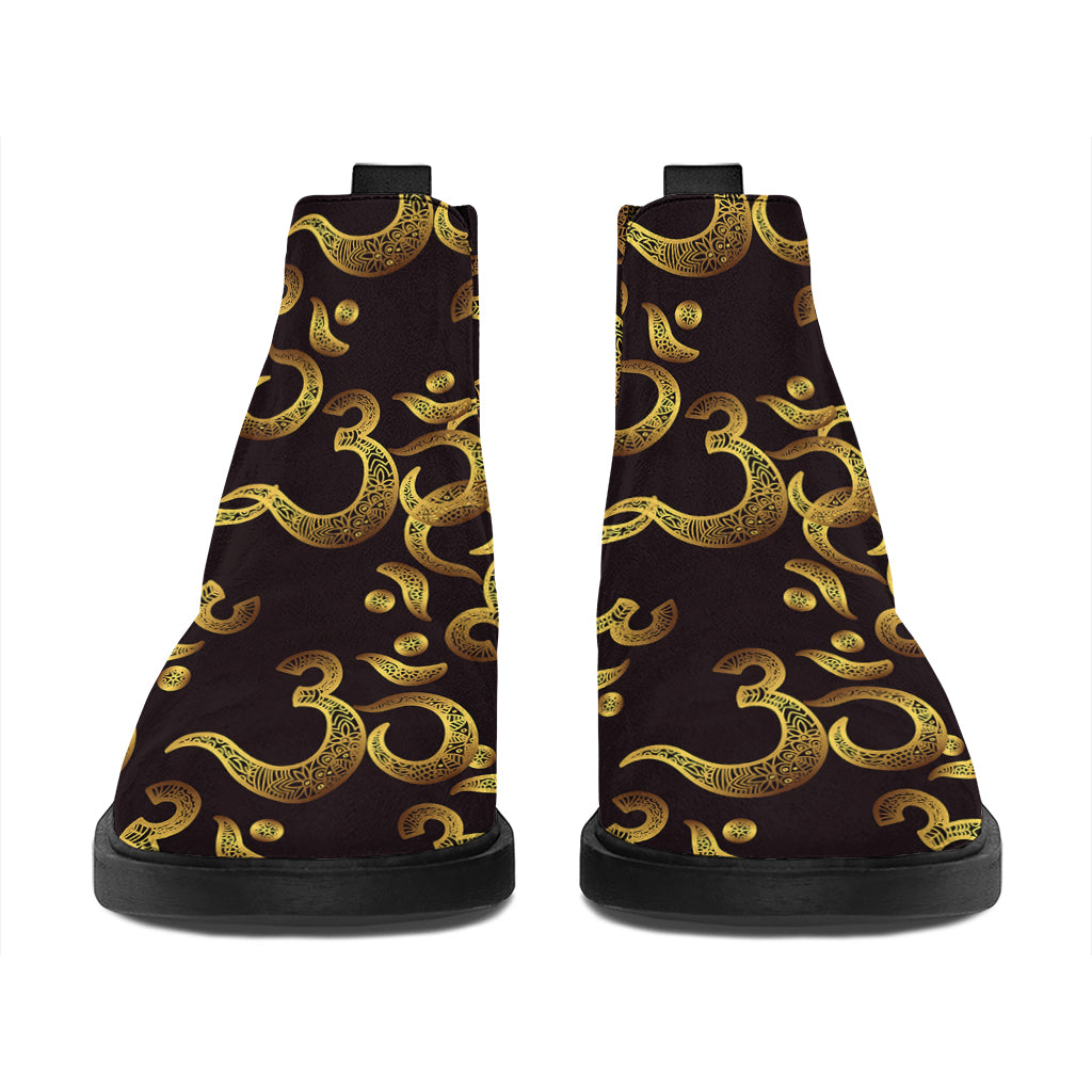 Gold Om Symbol Pattern Print Flat Ankle Boots