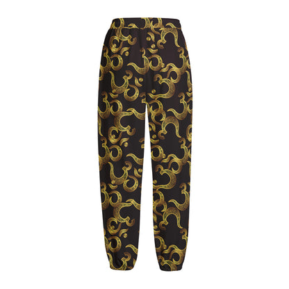 Gold Om Symbol Pattern Print Fleece Lined Knit Pants