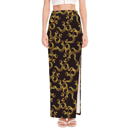 Gold Om Symbol Pattern Print High Slit Maxi Skirt