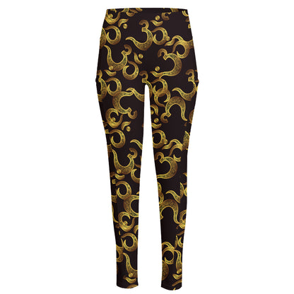 Gold Om Symbol Pattern Print High-Waisted Pocket Leggings