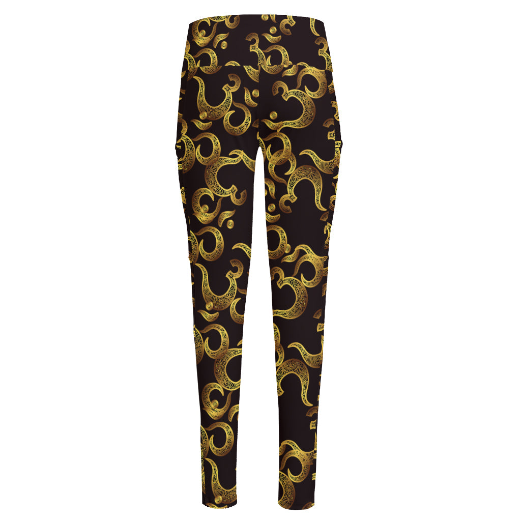 Gold Om Symbol Pattern Print High-Waisted Pocket Leggings