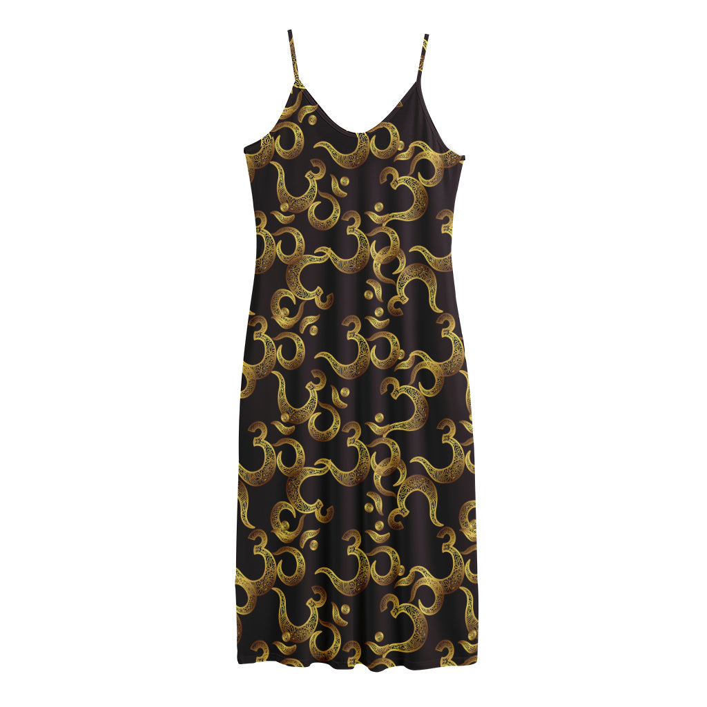 Gold Om Symbol Pattern Print Jersey Midi Cami Dress