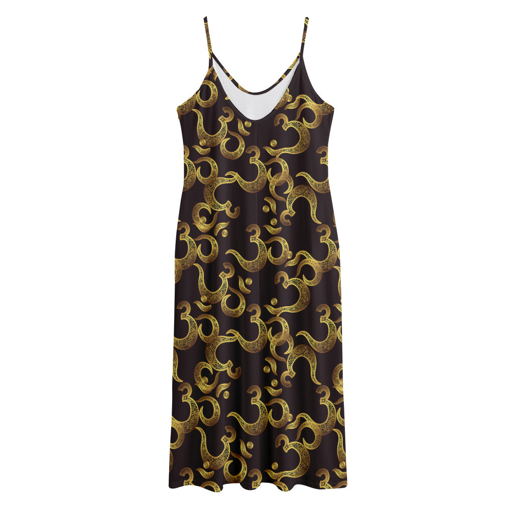 Gold Om Symbol Pattern Print Jersey Midi Cami Dress