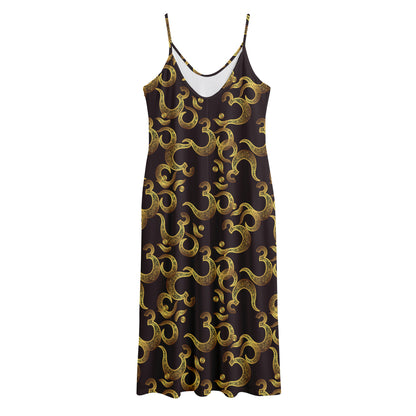 Gold Om Symbol Pattern Print Jersey Midi Cami Dress