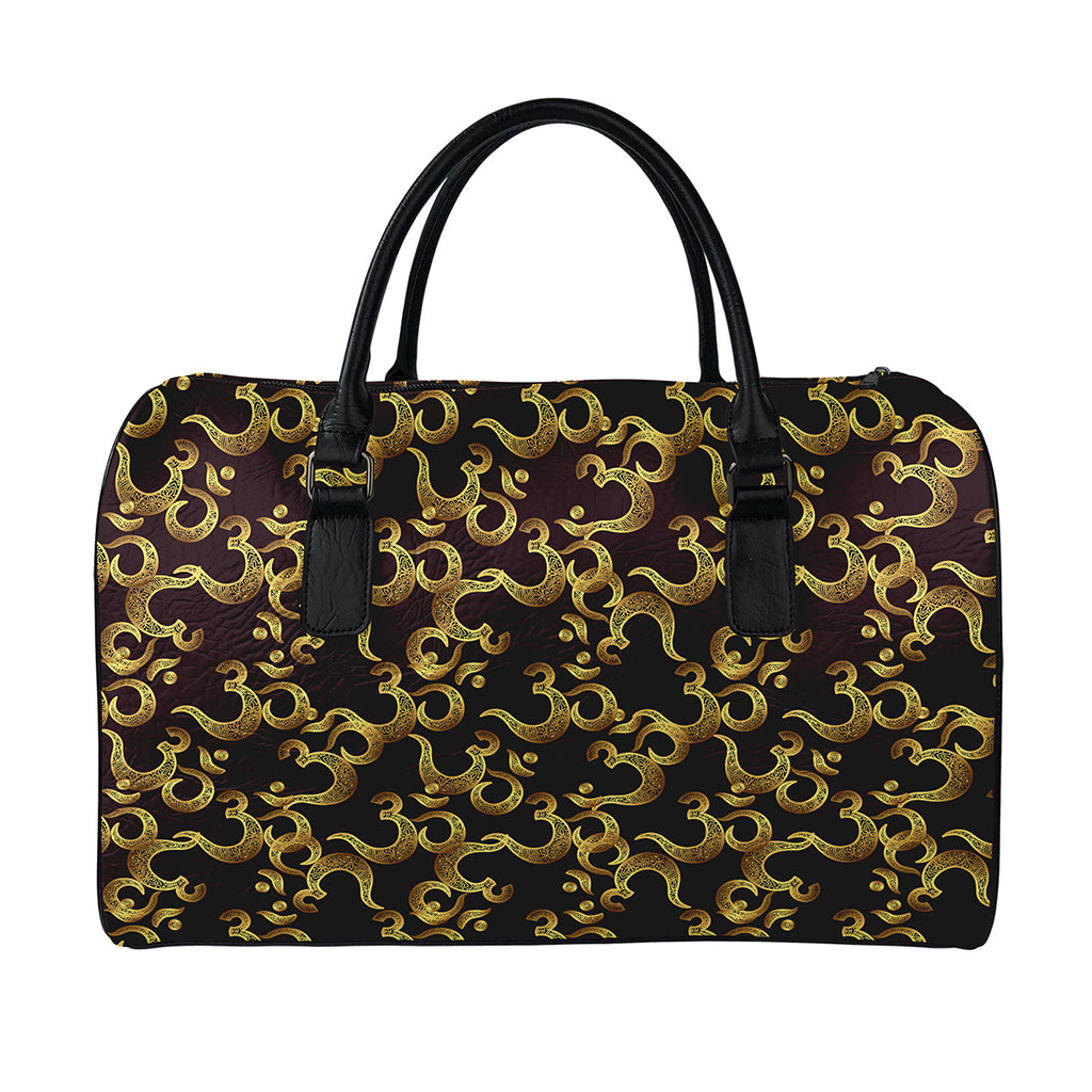 Gold Om Symbol Pattern Print Leather Duffle Bag