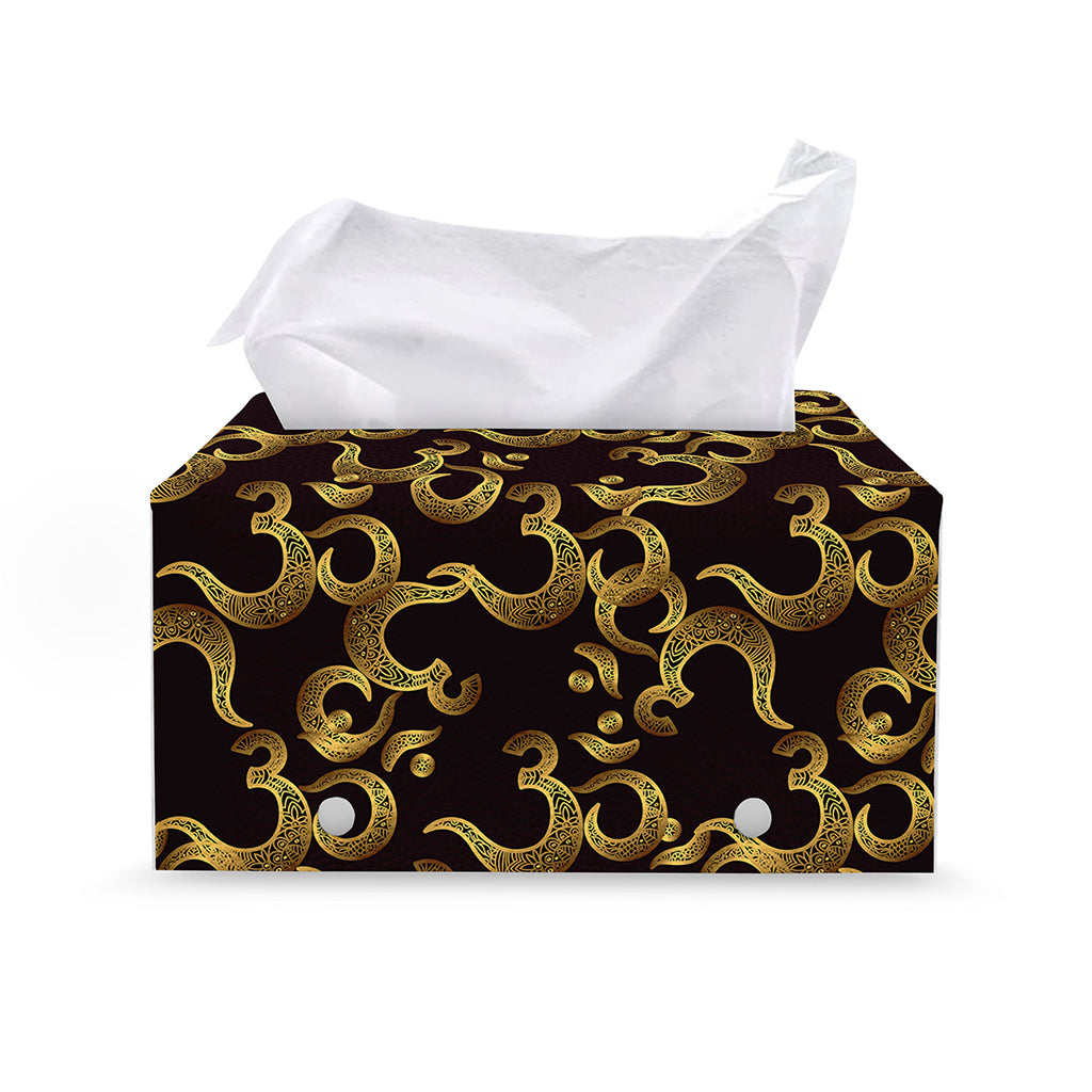 Gold Om Symbol Pattern Print Leather Tissue Box Cover