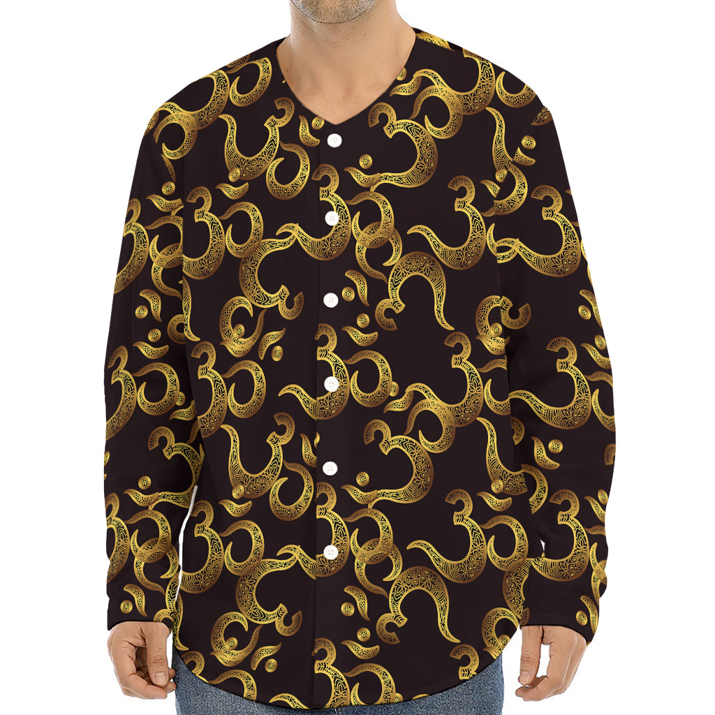 Gold Om Symbol Pattern Print Long Sleeve Baseball Jersey