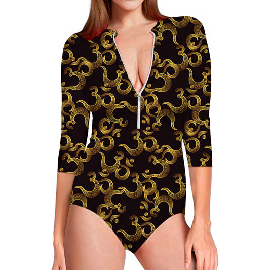 Gold Om Symbol Pattern Print Long Sleeve Swimsuit