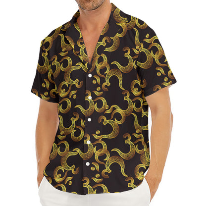 Gold Om Symbol Pattern Print Men's Deep V-Neck Shirt
