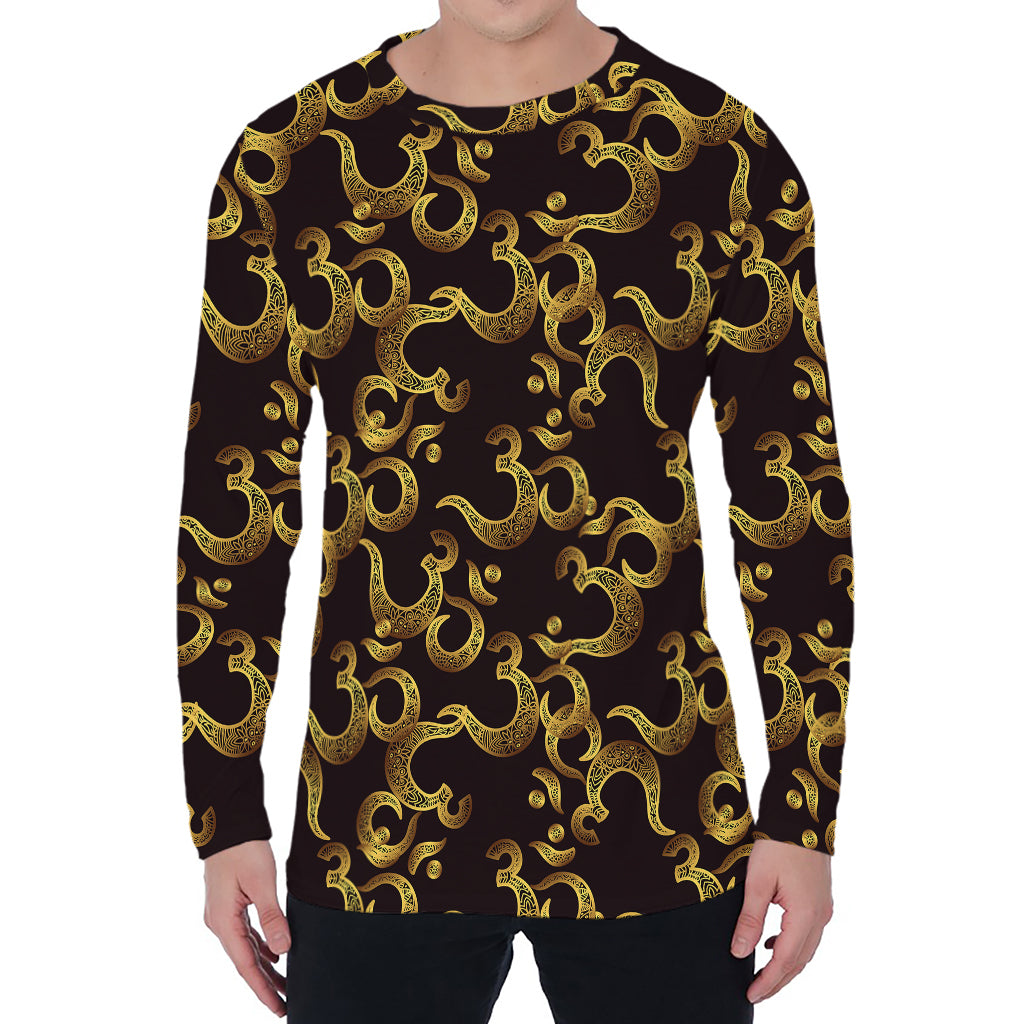 Gold Om Symbol Pattern Print Men's Long Sleeve T-Shirt