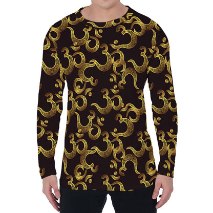 Gold Om Symbol Pattern Print Men's Long Sleeve T-Shirt