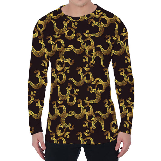 Gold Om Symbol Pattern Print Men's Long Sleeve T-Shirt