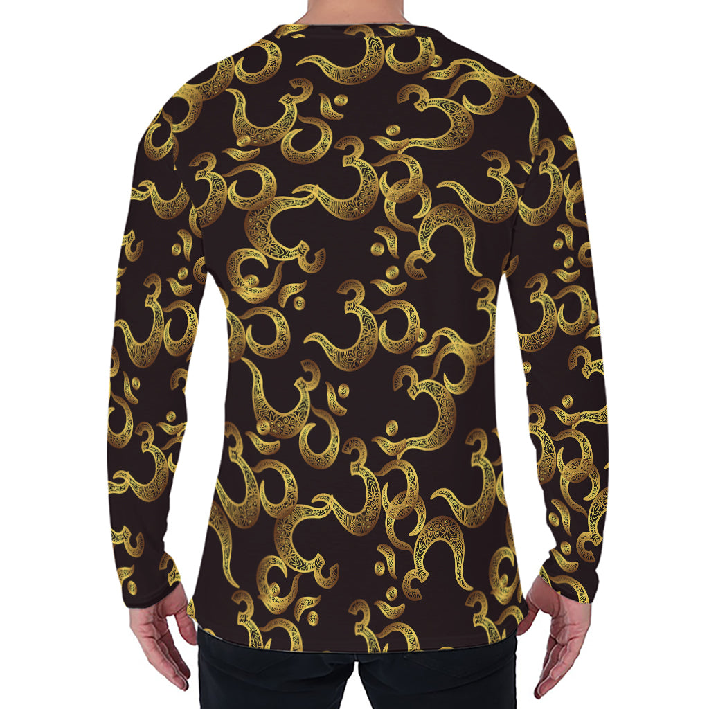 Gold Om Symbol Pattern Print Men's Long Sleeve T-Shirt