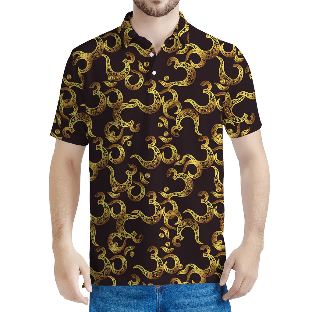 Gold Om Symbol Pattern Print Men's Polo Shirt