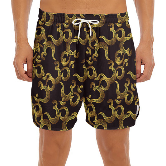 Gold Om Symbol Pattern Print Men's Split Running Shorts