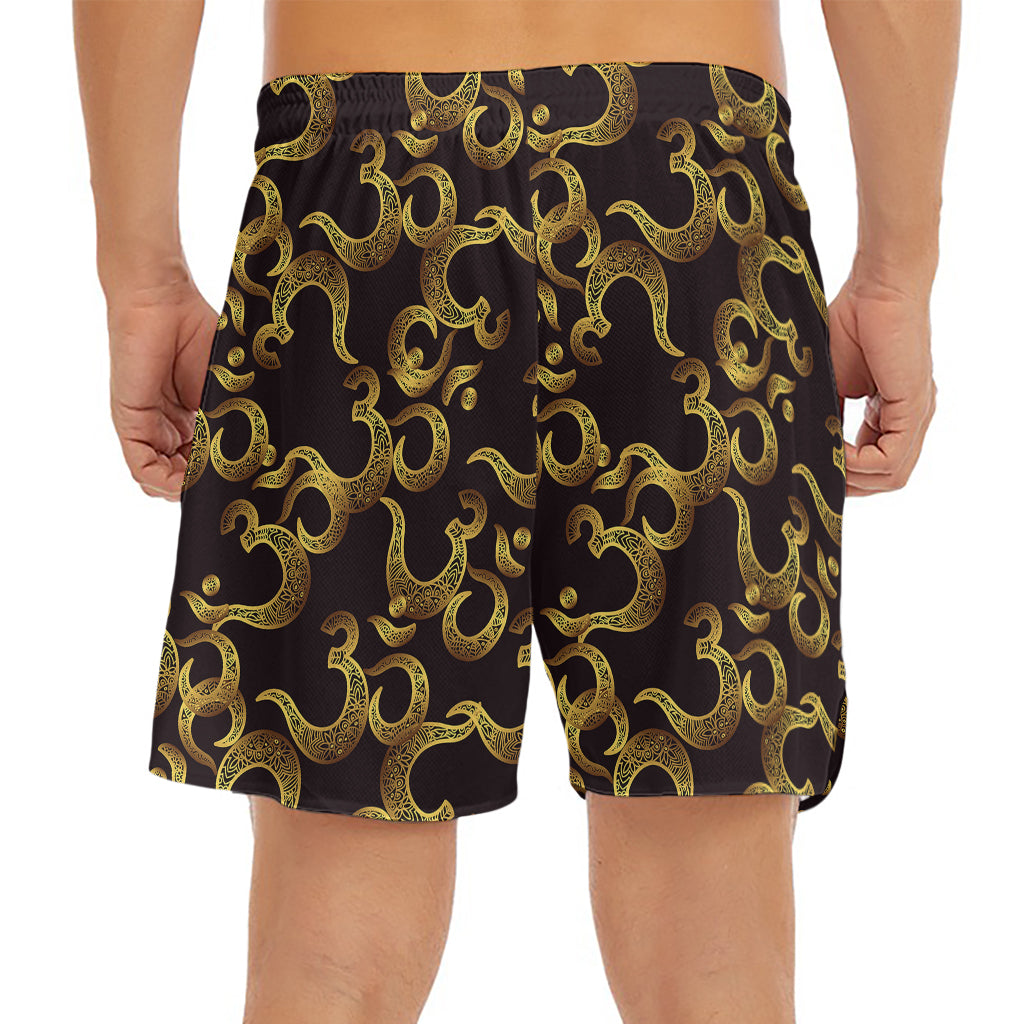 Gold Om Symbol Pattern Print Men's Split Running Shorts
