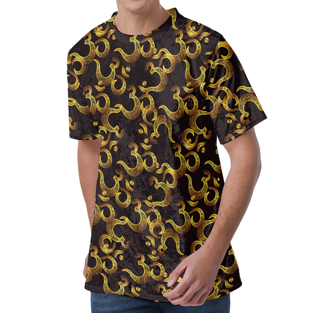 Gold Om Symbol Pattern Print Men's Velvet T-Shirt