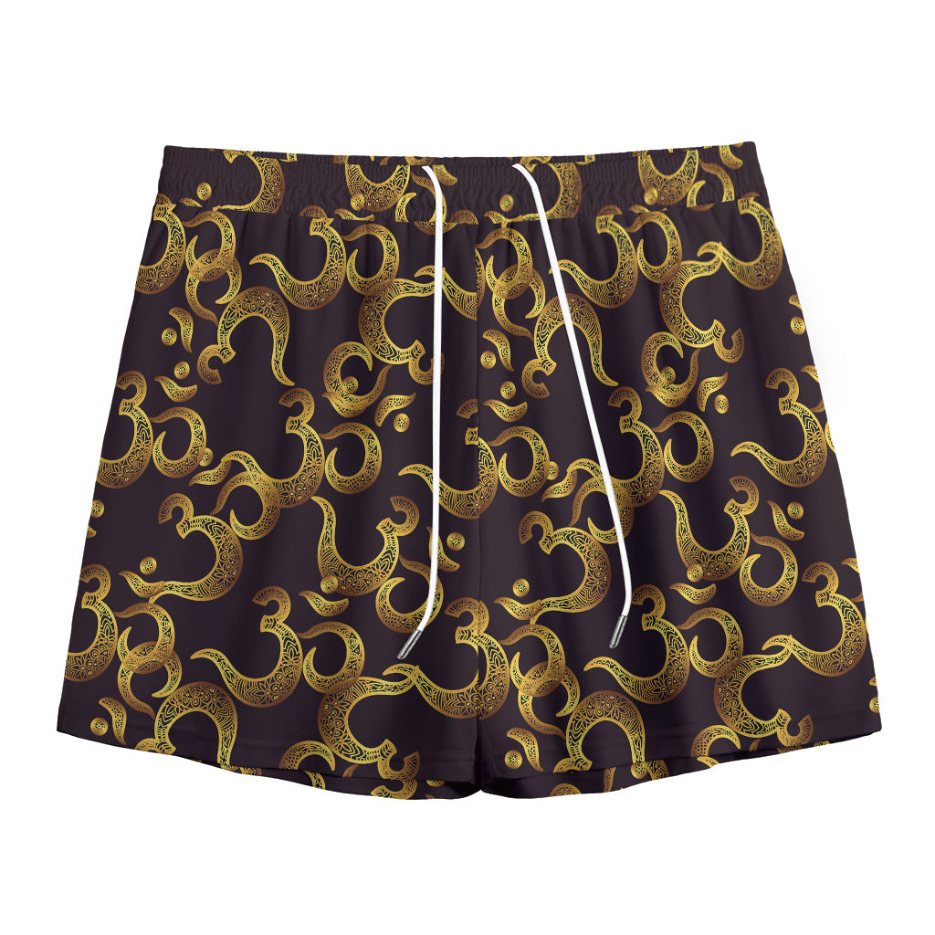 Gold Om Symbol Pattern Print Mesh Shorts