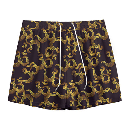 Gold Om Symbol Pattern Print Mesh Shorts