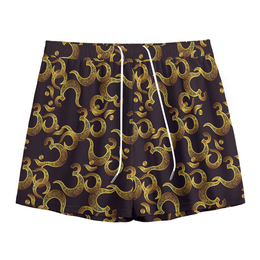 Gold Om Symbol Pattern Print Mesh Shorts
