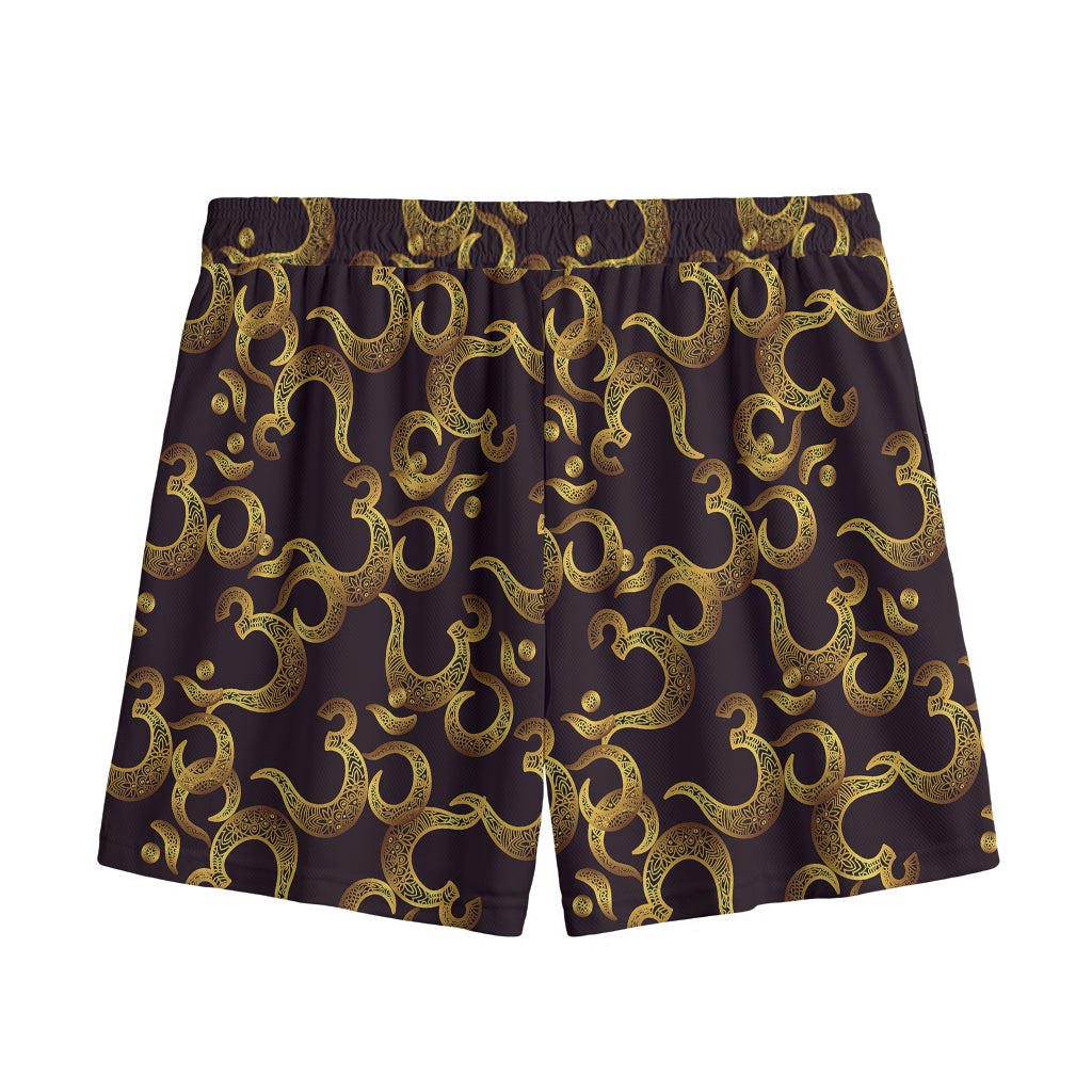 Gold Om Symbol Pattern Print Mesh Shorts