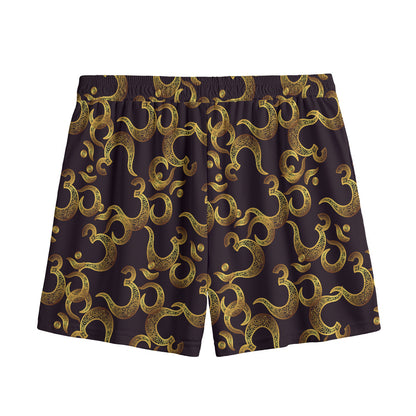 Gold Om Symbol Pattern Print Mesh Shorts