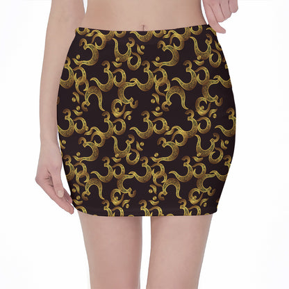 Gold Om Symbol Pattern Print Pencil Mini Skirt