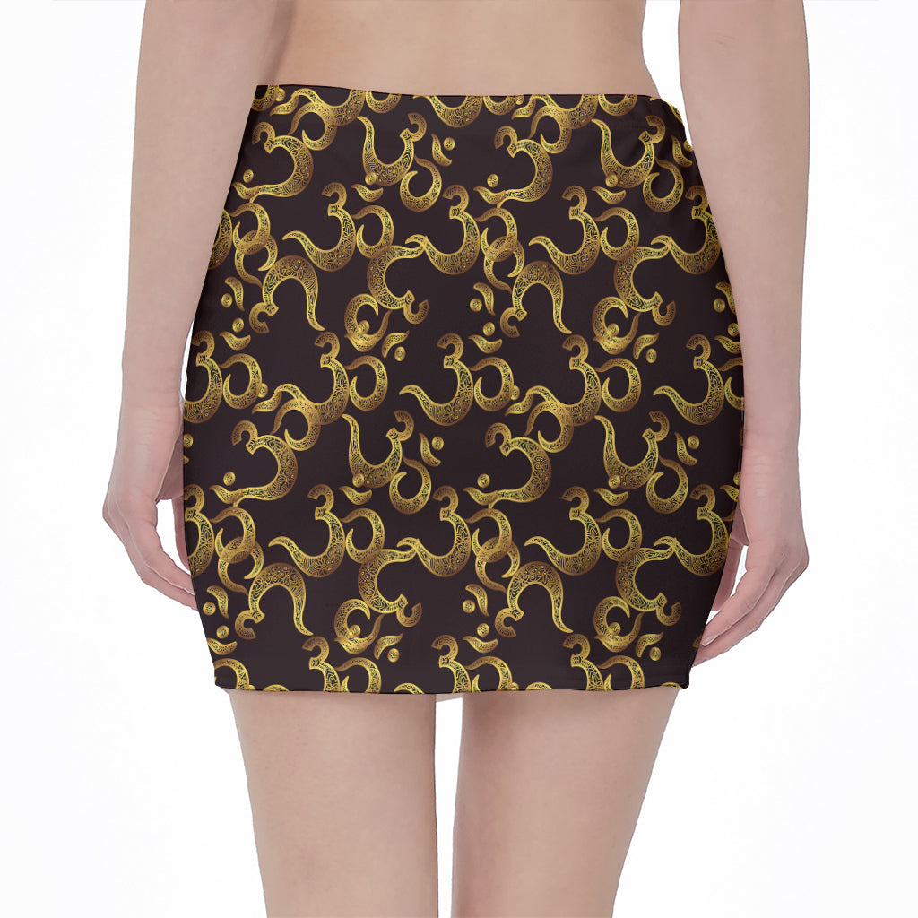 Gold Om Symbol Pattern Print Pencil Mini Skirt