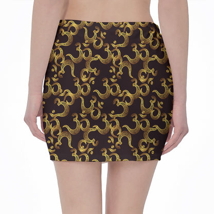 Gold Om Symbol Pattern Print Pencil Mini Skirt