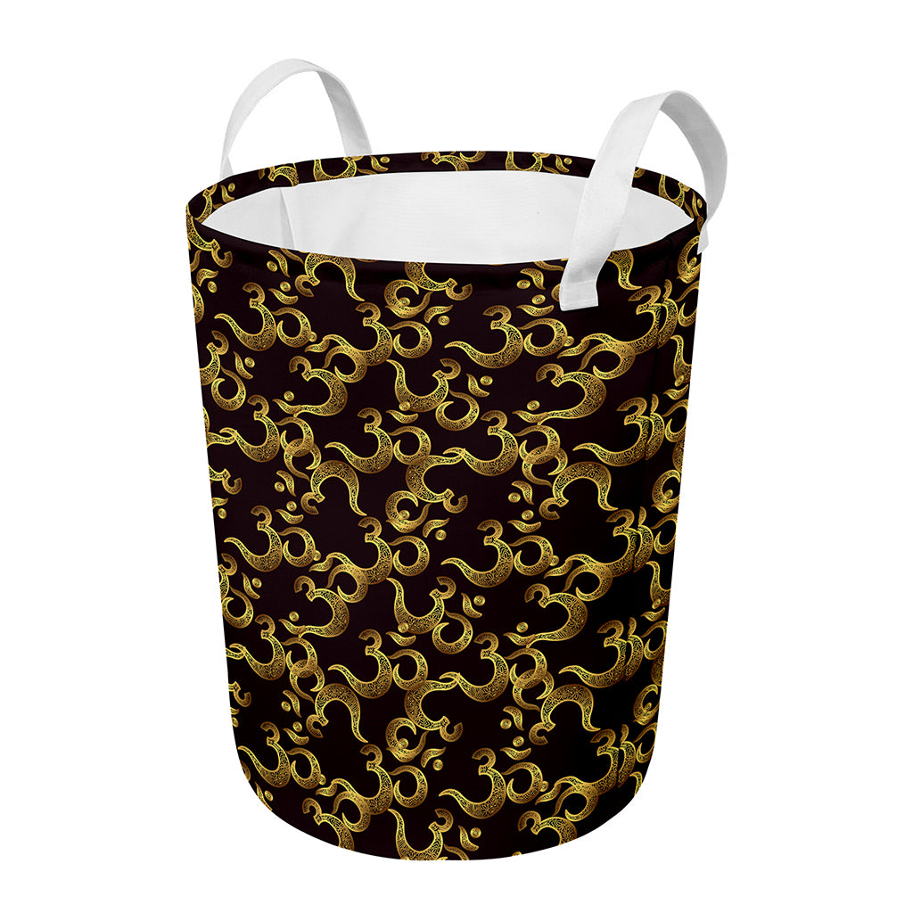 Gold Om Symbol Pattern Print Round Laundry Basket