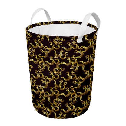Gold Om Symbol Pattern Print Round Laundry Basket