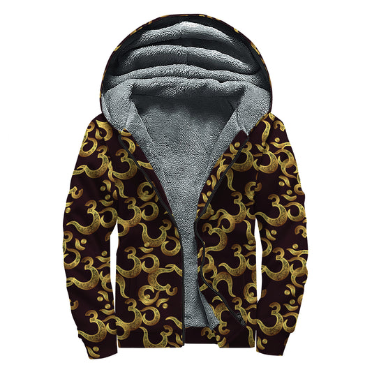 Gold Om Symbol Pattern Print Sherpa Lined Zip Up Hoodie