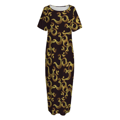 Gold Om Symbol Pattern Print Short Sleeve Long Nightdress