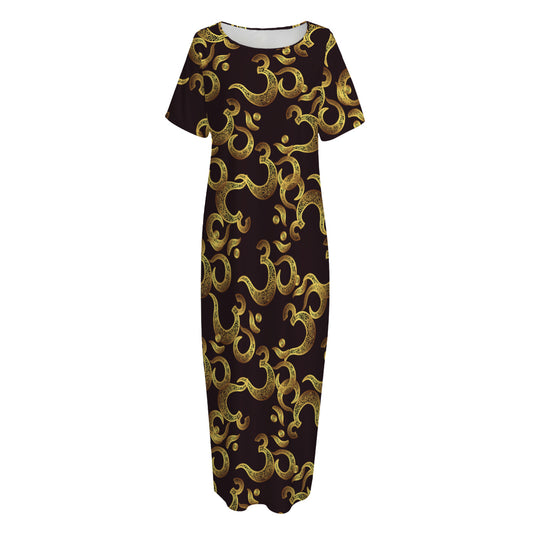 Gold Om Symbol Pattern Print Short Sleeve Long Nightdress