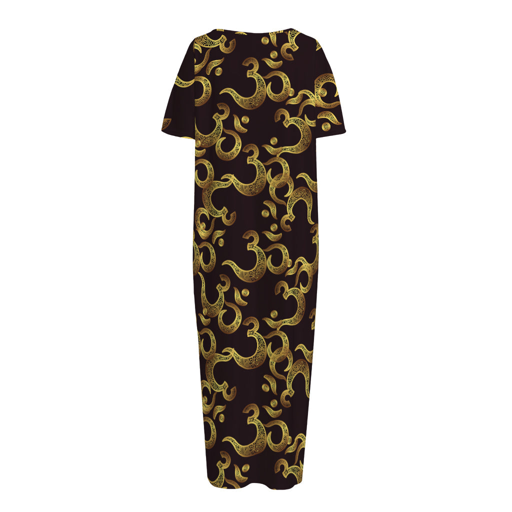 Gold Om Symbol Pattern Print Short Sleeve Long Nightdress