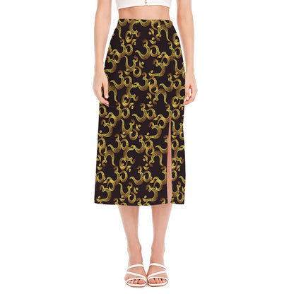 Gold Om Symbol Pattern Print Side Slit Midi Skirt